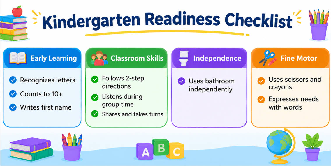 Kindergarten readiness checklist showing key skills children need before kindergarten