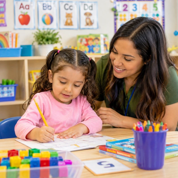 Child building kindergarten readiness skills in a pre-K classroom in Alief TX