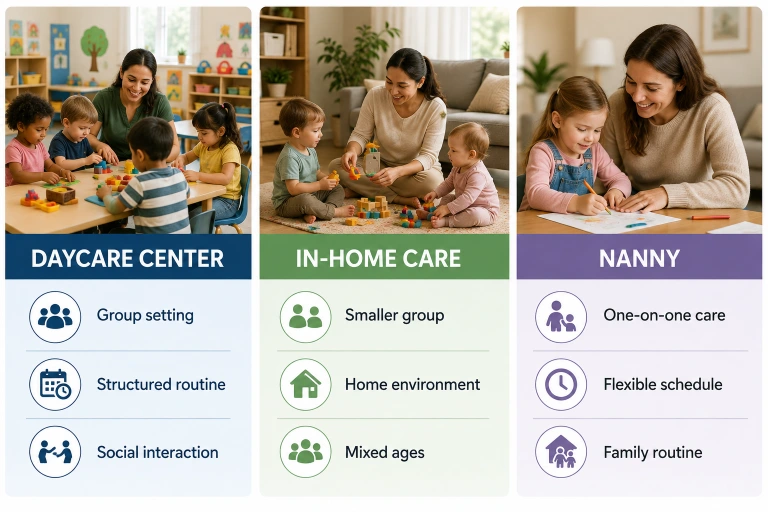 Daycare center, in-home care and nanny childcare comparison